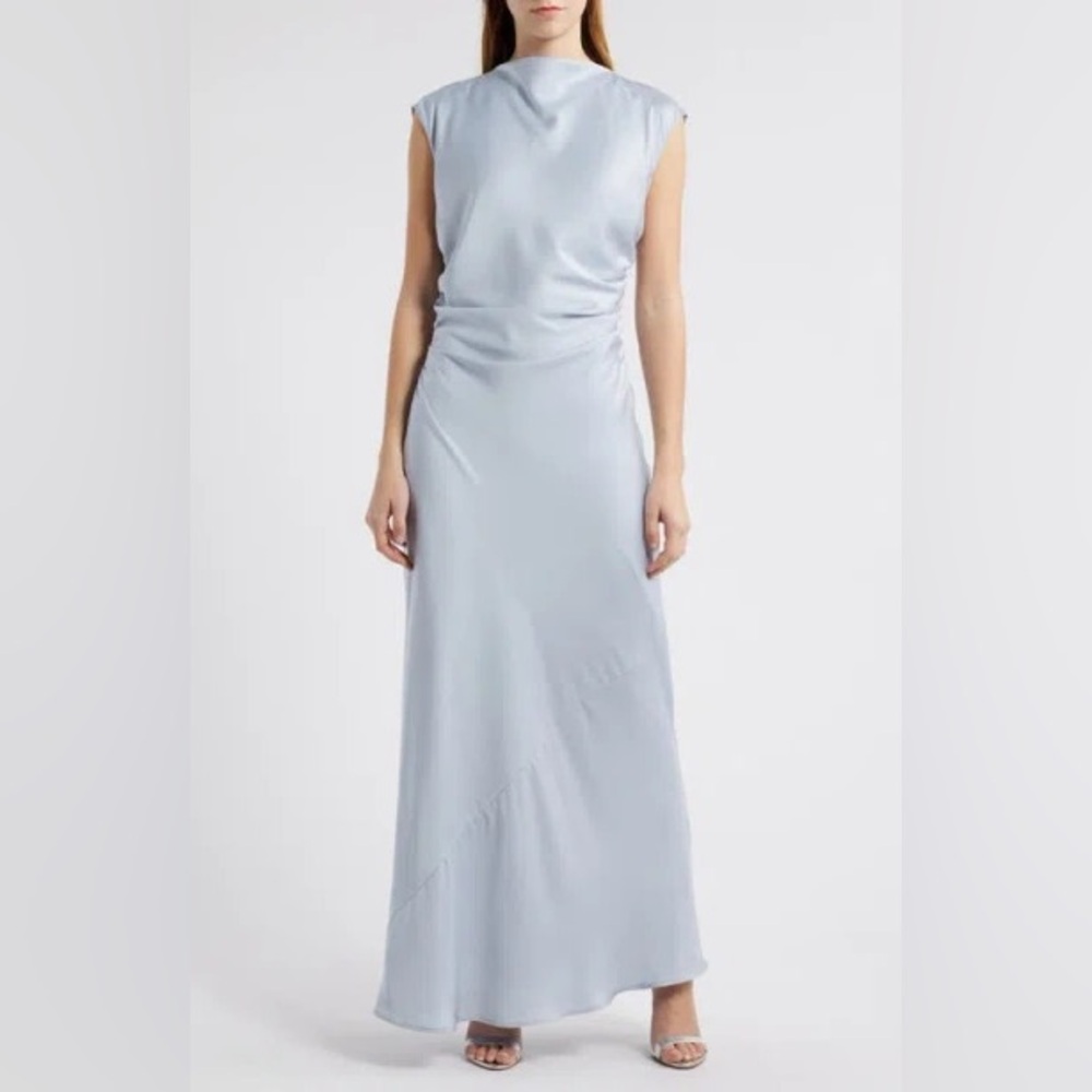 Wayf Lillian Ruched Satin Gown Maxi Dress Dusty Blue